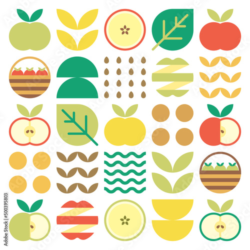 Apple icon abstract artwork. Design illustration of colorful apple pattern, leaves, and geometric symbols in minimalist style. Whole fruit, cut and split. Simple flat vector on a white background.