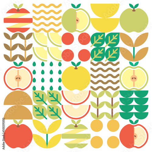 Apple icon abstract artwork. Design illustration of colorful apple pattern, leaves, and geometric symbols in minimalist style. Whole fruit, cut and split. Simple flat vector on a white background.