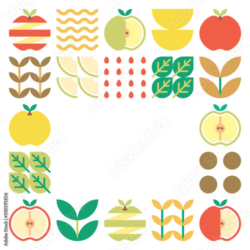 Apple frame abstract artwork. Design illustration of colorful apple pattern  leaves  and geometric symbols in minimalist style. Whole fruit  cut and split. Simple flat vector on a white background.