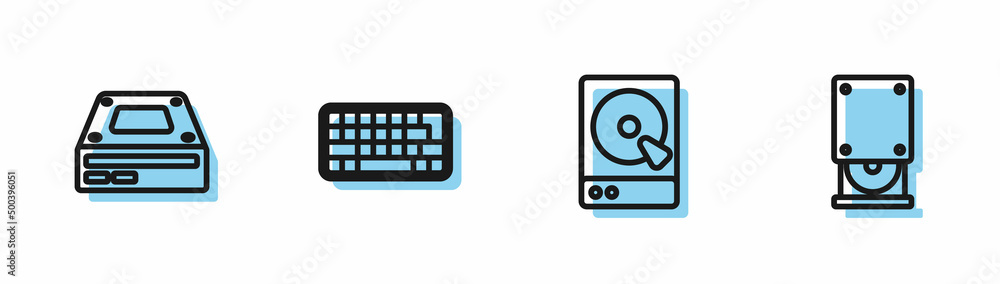 Set line Hard disk drive HDD, Optical disc, Keyboard and icon. Vector Set line Hard disk drive HDD, Optical disc, Keyboard and icon. Vector