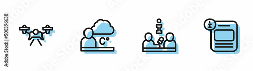 Set line Interview, Drone, Weather forecast and Information icon. Vector