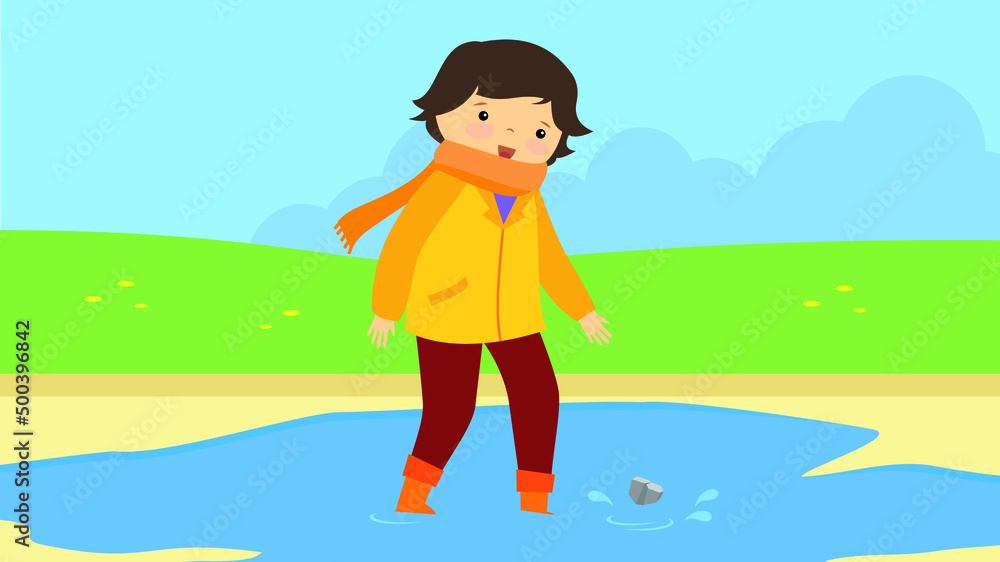 child jumping in puddles after rain