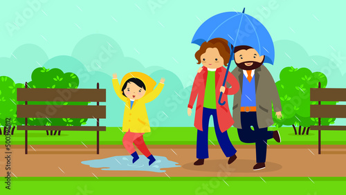 family walking in the park in the rain