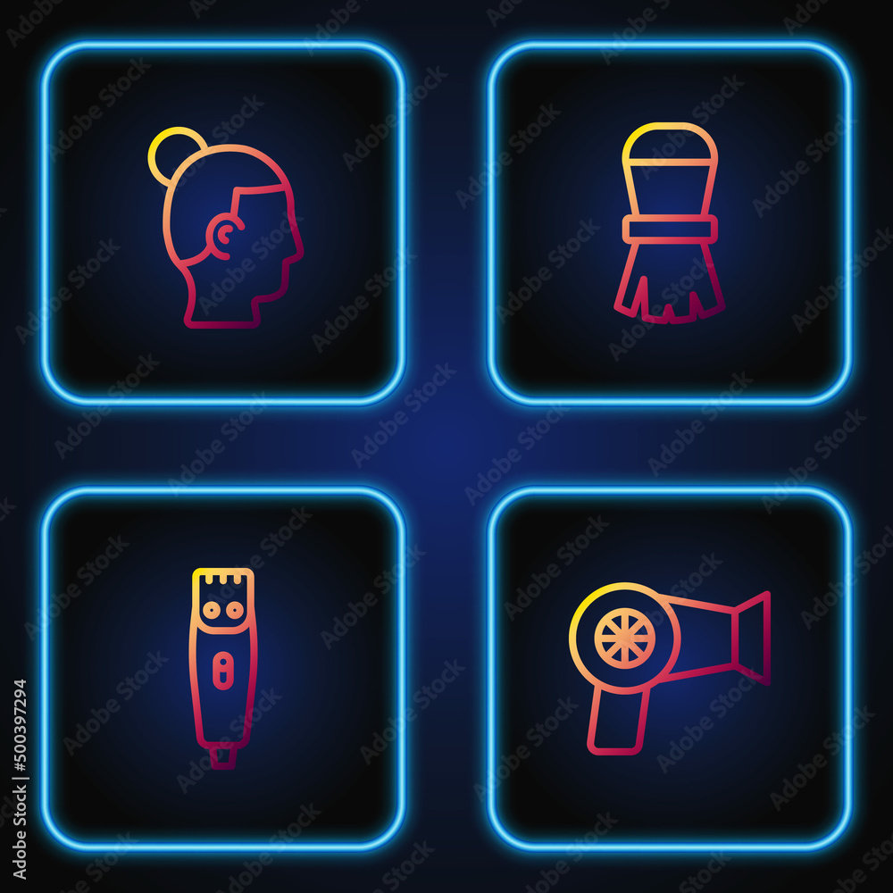 Set line Hair dryer, clipper, Hairstyle for men and Shaving brush. Gradient color icons. Vector
