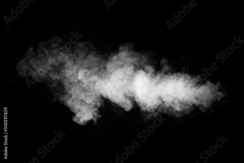 Swirling, wriggling smoke, steam, isolated on a black background for overlaying on your photos. Fragment of horizontal steam