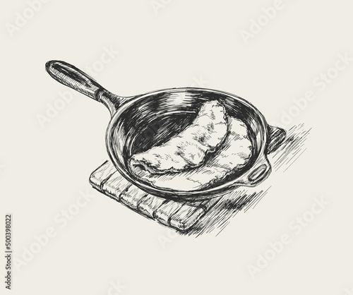 Omelet in Frying Pan. Cooking Hand Drawn Vector Illustration. Kitchen Sketch. Breakfast