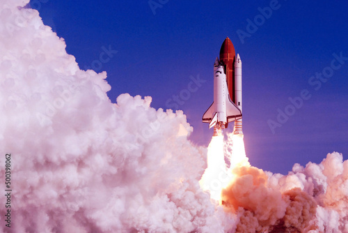 Launch of a space shuttle into space. Elements of this image furnished by NASA