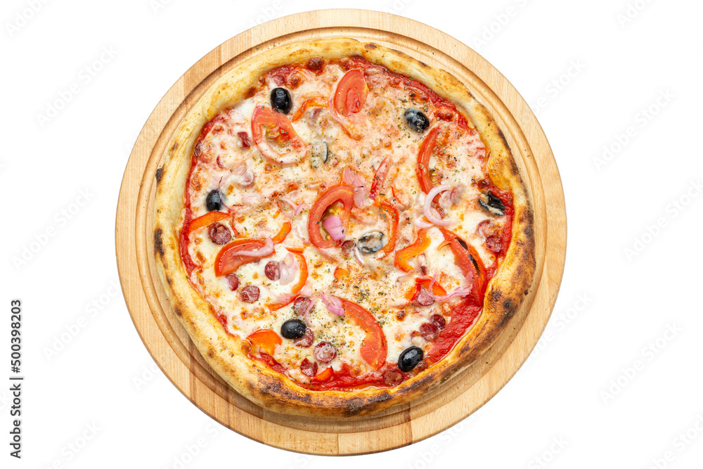 Delicious pizza served on wooden plate isolated on white background. Pizzeria menu. Concept poster for Restaurants or pizzerias. Delicious pizza served on wooden plate isolated on white background. Pizzeria menu. Concept poster for Restaurants or pizzerias.