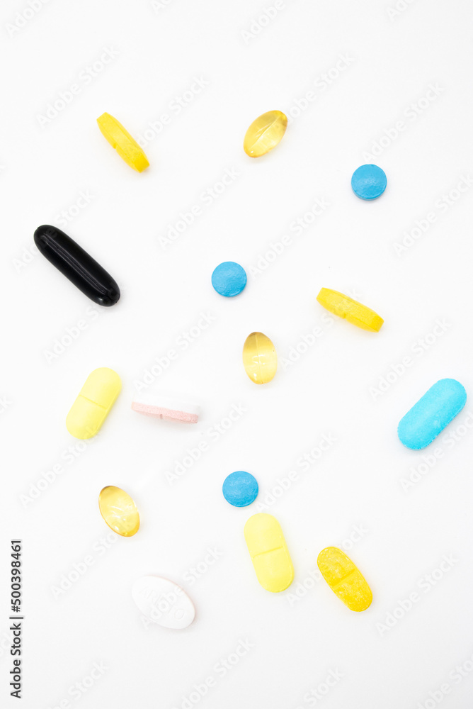 Different pills on white background, flat lay Different pills on white background, flat lay