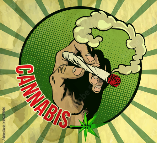 Arm holding joint witj cannabis. Vector design template vintage style on old yellow page. Smoking joint with marijuana in the arm
