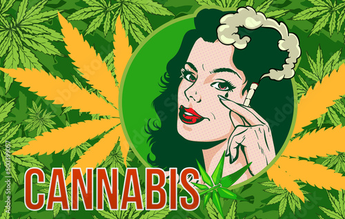 Vector design template with lady cannabis smoker. The joint in her arm. Cannabis leafs around