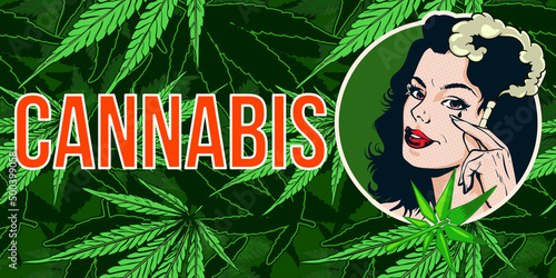 Vector design template with lady cannabis smoker. The joint in her arm. Cannabis leafs around
