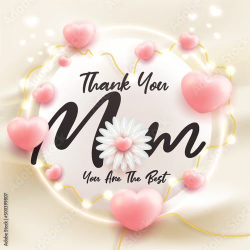 thank you mom happy mother's day greeting card white flower template heart shape 3d render style on red curtain wavy background