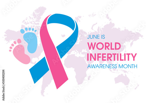 June is World Infertility Awareness Month vector. Pink and blue awareness ribbon with baby footprint icon vector. Fertility health design element. Important day