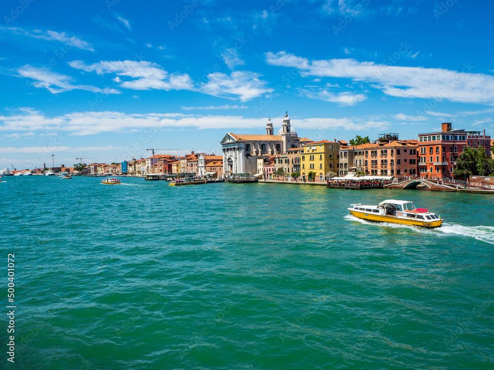 Venice water tram, motor and bridge in Italy