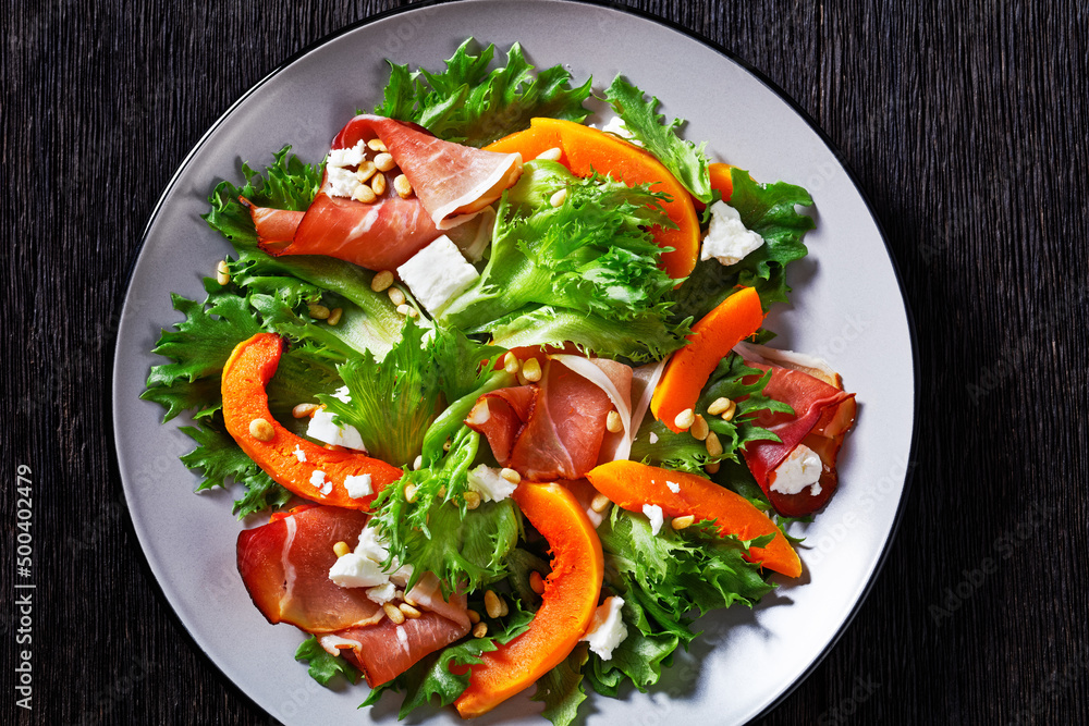 pumpkin salad with lettuce, crumbled cheese, ham pumpkin salad with lettuce, crumbled cheese, ham
