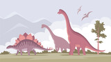 Big brachiosaurus with a long neck and stegosaurus. Herbivorous dinosaur of the Jurassic period. Vector cartoon illustration. Prehistoric pangolin on a nature background. Wild landscape