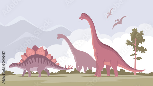 Big brachiosaurus with a long neck and stegosaurus. Herbivorous dinosaur of the Jurassic period. Vector cartoon illustration. Prehistoric pangolin on a nature background. Wild landscape photo