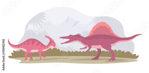 Fight of two dinosaurs. Predatory spinosaurus against parasaurolophus. Extinct animals of the Jurassic period. Ancient pangolins. Vector cartoon illustration