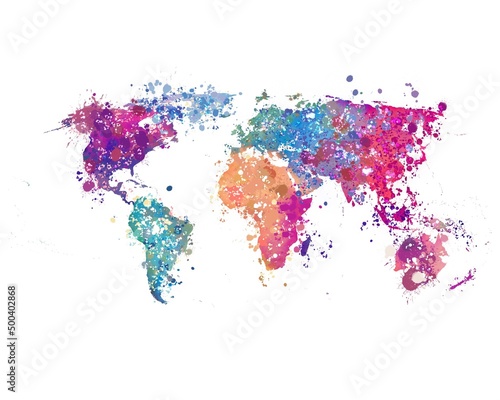 World map in watercolor with splashes