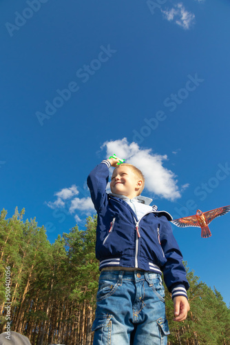 A six-year-old preschooler boy in a blue jacket launches a kite bird in nature against the background of a clear blue sky on a summer day. The bright sun is shining. Portrait