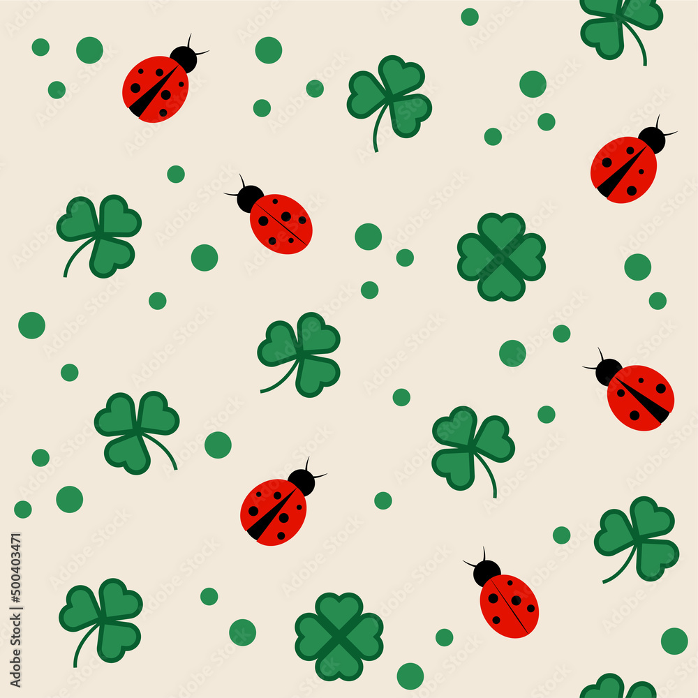 Ladybug with clover leaves, seamless pattern