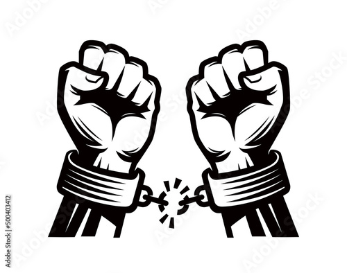 Hands tearing shackles. Two hands clenched into fist breaking chains. Symbol freedom. Human hands and broken chain. Liberation concept