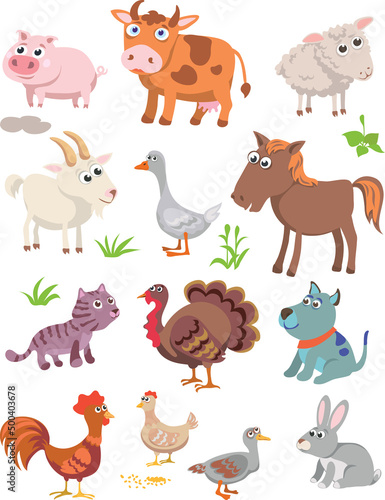 funny village animals  pattern  various poses and situations  drawing  vector  images  cartoon