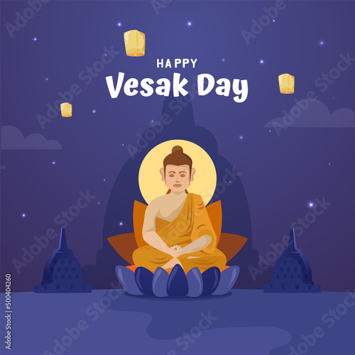 Happy Vesak day with buddha meditation on lotus design