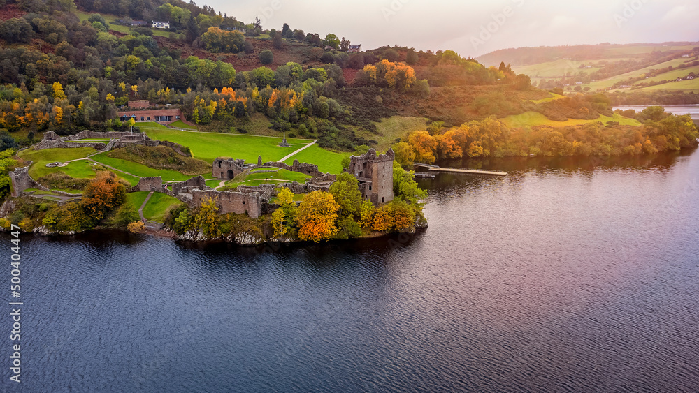 Aerial view of the beautiful Urquhart Castle at the Loch Ness during autumn  sunset time, Scotland Stock-Foto | Adobe Stock