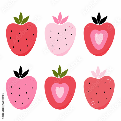 Set of red ripe berry and half strawberry isolated on white background. Sweet food collection