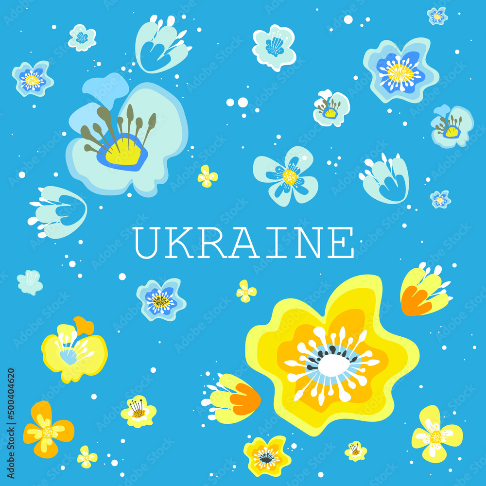 blue yellow flowers   save Ukraine    pray for Ukrainian peace save Ukraine from russia stop war concept horizontal vector illustration