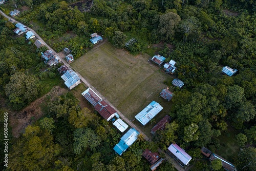 Village in Peruvian Amazon Rainforest, Drone photo