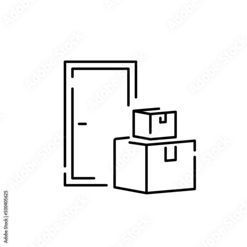 Logistics and Shipping line icons. Delivery cargo box. Home door and address