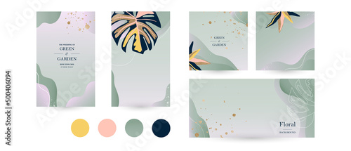 spring summer background template for Instagram social media post and Facebook cover. abstract green gold luxury layout for beauty, travel, spa, wedding. aesthetic vector hand drawn illustration