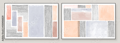 Set of Abstract Hand Painted Illustrations for Wall Decoration Art, Postcard, Social Media Banner, Brochure Cover Design Background. Modern Abstract Painting Artwork. Vector Pattern