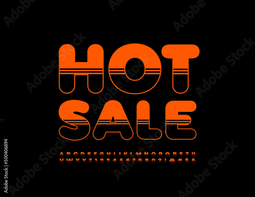 Vector promotional banner Hot Sale. Glossy bright Font. Modern creative Alphabet Letters and Numbers set