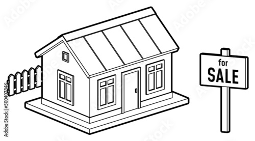A country house with lawn and fence with for sale sign. Vector illustration. Real estate agency advertising