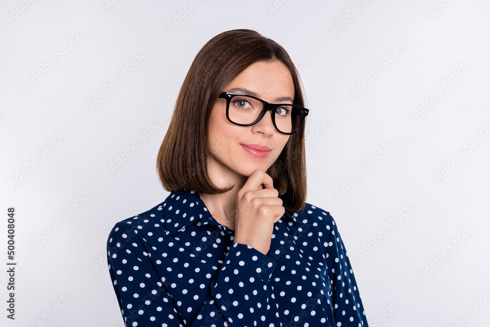 Portrait of attractive minded cheery skilled brown-haired girl expert thinking isolated over gray pastel color background Portrait of attractive minded cheery skilled brown-haired girl expert thinking isolated over gray pastel color background