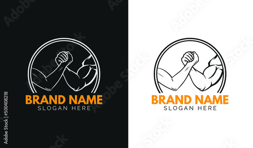 Arm wrestling logo with man and woman hand, Vector illustration