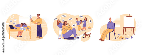 Burnout concepts. Tired, frustrated people. Exhausted office worker. Depressed mom, problems of motherhood. Artist without inpiration, creativity crisis. Flat vector illustration of fatigue at work