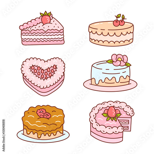Wallpaper Mural A set of doodles cakes with cream and berries, sweets. Doodle illustration isolated on white background.	 Torontodigital.ca