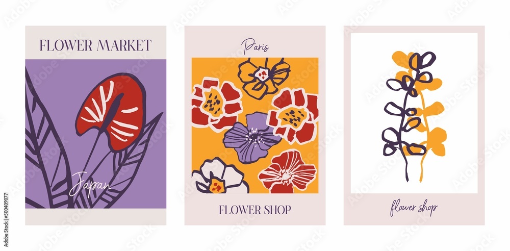 Set of decorative botanical posters. Modern floral art prints. Collection of flower market banner concepts for wall decor, notebook and brochures covers, postcards. Hand drawn vector illustration