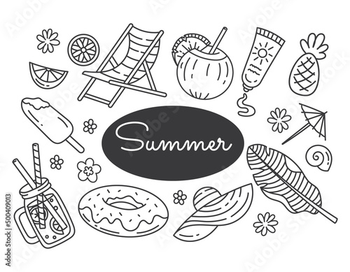 Wallpaper Mural A set of summer doodle elements, a cartoon. Beach, vacation, summer time. The heat, the sea. Isolated on a white background.	 Torontodigital.ca