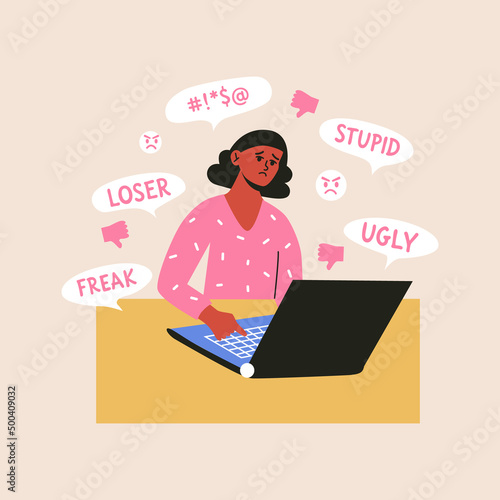 Cyber bullying and online abuse concepts. Upset. shame woman take haters messages and dislike in social media. Flat vector illustration of internet problems, victim of mass media