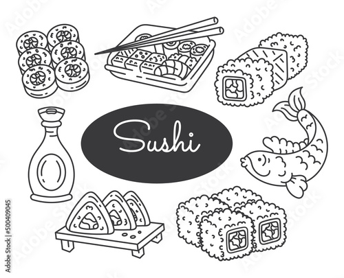 Wallpaper Mural A set of illustrations of sushi, sashimi and maki. Japanese cuisine. Doodle, cartoon. Isolated on a white background.	 Torontodigital.ca
