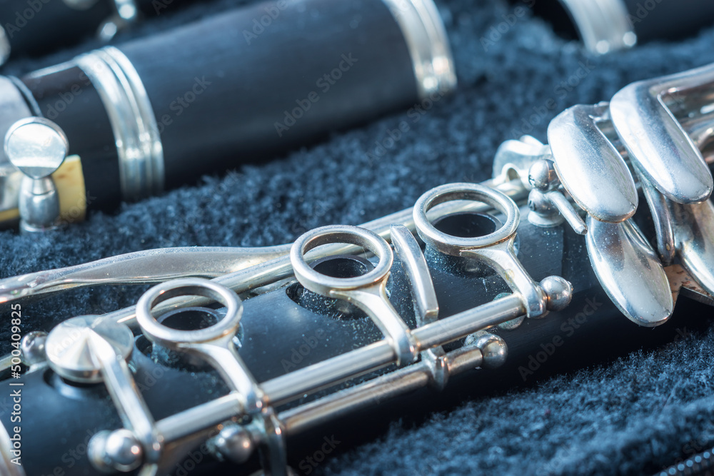 Fototapeta premium clarinet inside musical instrument storage case closeup
