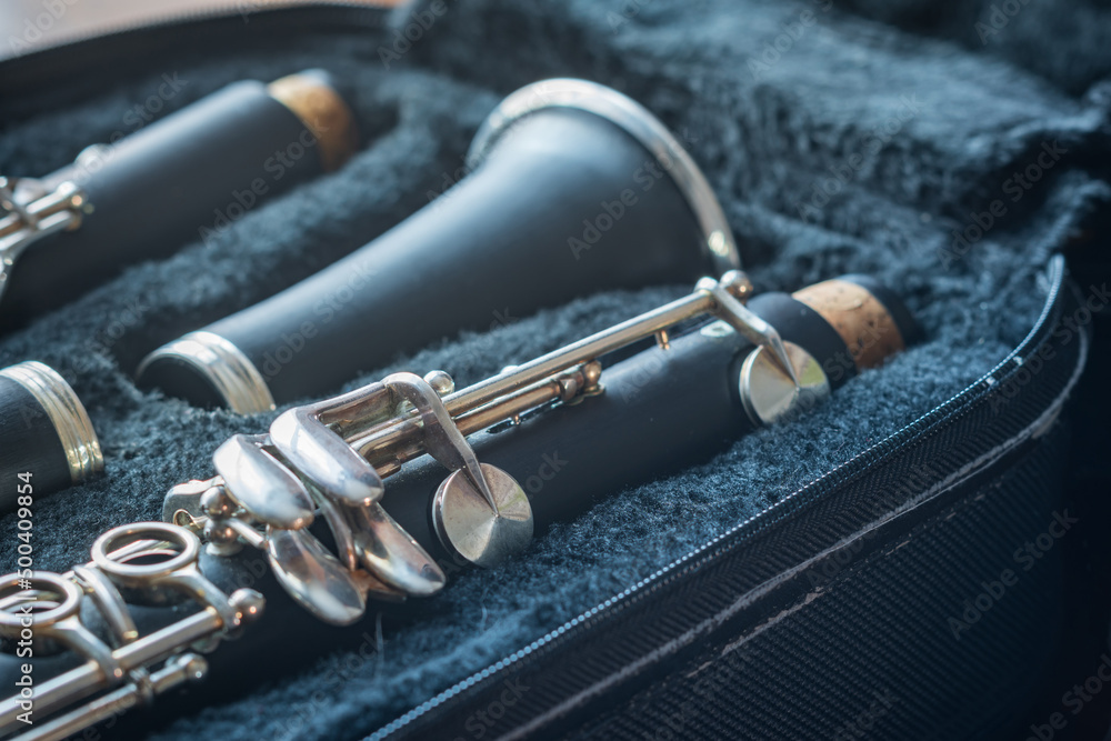 Naklejka premium clarinet inside musical instrument storage case closeup