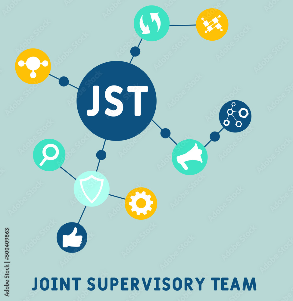JST - Joint Supervisory Team acronym. business concept background. vector illustration concept with keywords and icons. lettering illustration with icons for web banner, flyer, landing pag JST - Joint Supervisory Team acronym. business concept background. vector illustration concept with keywords and icons. lettering illustration with icons for web banner, flyer, landing pag