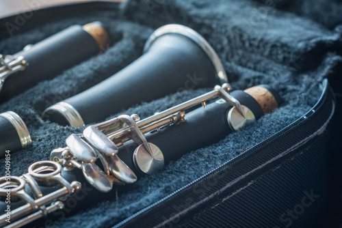 clarinet inside musical instrument storage case closeup